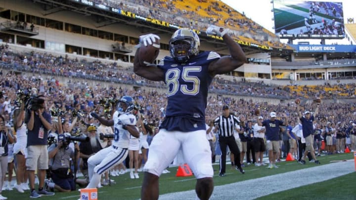 PITTSBURGH, PA - SEPTEMBER 03: Jester Weah #85 of the Pittsburgh Panthers celebrates after catching a 16 yard pass for a touchdown in the second half during the game against the Villanova Wildcats on September 3, 2016 at Heinz Field in Pittsburgh, Pennsylvania. (Photo by Justin K. Aller/Getty Images)