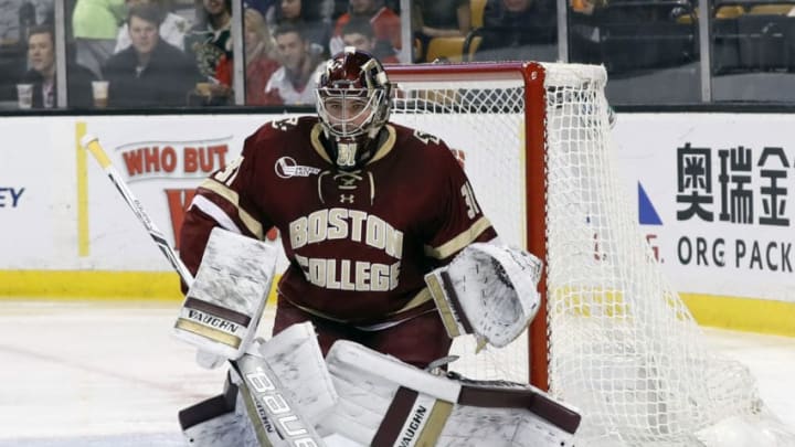 BOSTON, MA - MARCH 17: Boston College Eagles goaltender Joseph Woll (31) gets ready for a shot during a Hockey East semifinal between the Boston University Terriers and the Boston College Eagles on March 17, 2017 at TD Garden in Boston, Massachusetts. The Eagles defeated the Terriers 3-2. (Photo by Fred Kfoury III/Icon Sportswire via Getty Images)