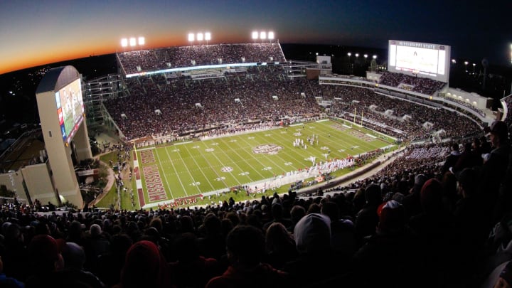 Nov 1, 2014; Starkville, MS, USA; A general view of Davis Wade Stadium during the game between the Arkansas Razorbacks and Mississippi State Bulldogs. Mandatory Credit: Marvin Gentry-USA TODAY Sports