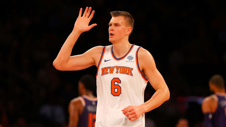 NEW YORK, NY - NOVEMBER 03: (NEW YORK DAILIES OUT) Kristaps Porzingis #6 of the New York Knicks in action against the Phoenix Suns at Madison Square Garden on November 3, 2017 in New York City. The Knicks defeated the Suns 120-107. (Photo by Jim McIsaac/Getty Images)