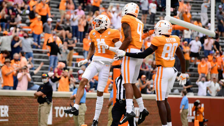 Tennessee wide receiver Jalin Hyatt (11) celebrates after scoring a touchdown in the second half of a game between Alabama and Tennessee at Neyland Stadium in Knoxville, Tenn. on Saturday, Oct. 24, 2020.102420 Ut Bama Gameaction