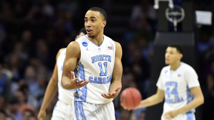 Mar 27, 2016; Philadelphia, PA, USA; North Carolina Tar Heels forward Brice Johnson (11) reacts after a technical foul during the second half against the Notre Dame Fighting Irish in the championship game in the East regional of the NCAA Tournament at Wells Fargo Center. Mandatory Credit: Bob Donnan-USA TODAY Sports