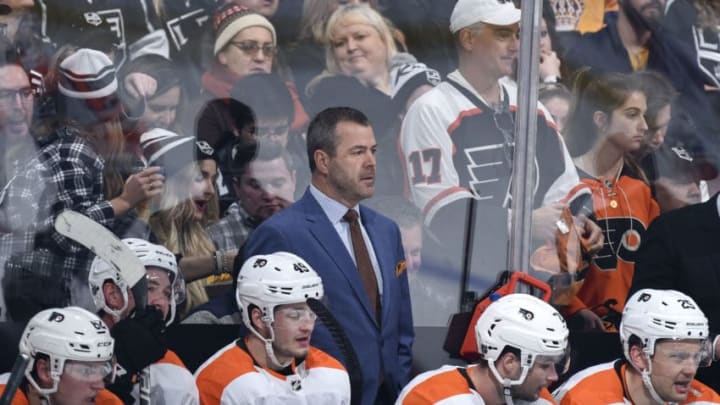 LOS ANGELES, CA - DECEMBER 31: Philadelphia Flyers head coach Alain Vigneault looks on during the second period against the Los Angeles Kings at STAPLES Center on December 31, 2019 in Los Angeles, California. (Photo by Juan Ocampo/NHLI via Getty Images)