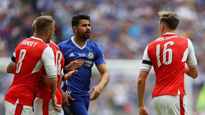 LONDON, ENGLAND - MAY 27: Diego Costa of Chelsea and Rob Holding of Arsenal exchange words during The Emirates FA Cup Final between Arsenal and Chelsea at Wembley Stadium on May 27, 2017 in London, England. (Photo by Ian Walton/Getty Images) LONDON, ENGLAND - MAY 27: Diego Costa of Chelsea and Rob Holding of Arsenal exchange words during The Emirates FA Cup Final between Arsenal and Chelsea at Wembley Stadium on May 27, 2017 in London, England. (Photo by Ian Walton/Getty Images)
