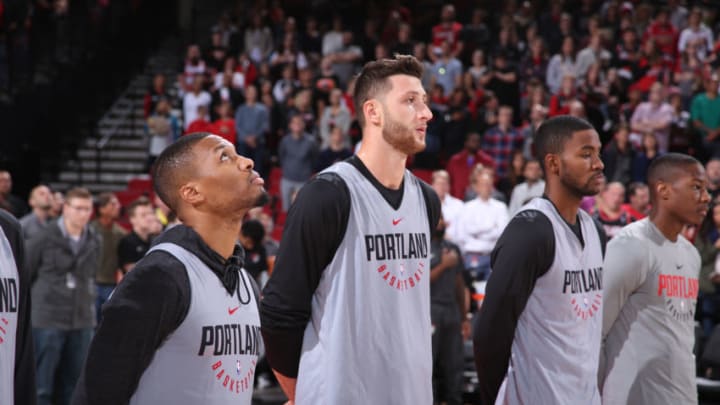 PORTLAND, OR - OCTOBER 1: Damian Lillard #0 and Jusuf Nurkic #27 of the Portland Trail Blazers with their teammates participate in the team's annual Fan Fest event October 1, 2017 at the Moda Center in Portland, Oregon. NOTE TO USER: User expressly acknowledges and agrees that, by downloading and or using this photograph, user is consenting to the terms and conditions of the Getty Images License Agreement. Mandatory Copyright Notice: Copyright 2017 NBAE (Photo by Sam Forencich/NBAE via Getty Images)