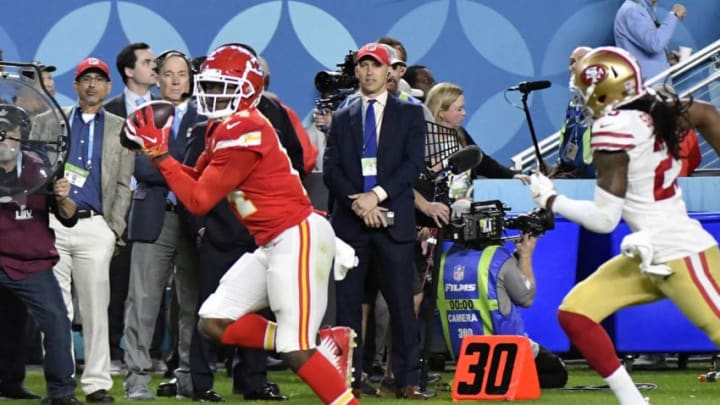 MIAMI, FLORIDA - FEBRUARY 02: Sammy Watkins #14 of the Kansas City Chiefs runs with the ball after catching a pass against the San Francisco 49ers in Super Bowl LIV at Hard Rock Stadium on February 02, 2020 in Miami, Florida. The Chiefs won the game 31-20. (Photo by Focus on Sport/Getty Images)
