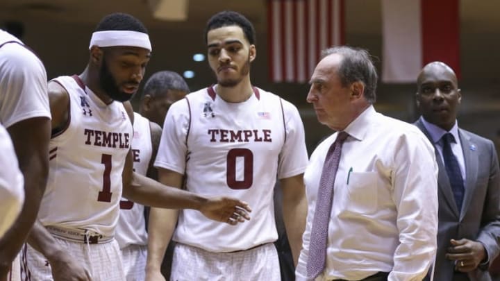 Feb 21, 2016; Houston, TX, USA; Temple Owls head coach Fran Dunphy talks with his team during a timeout in the second half against the Houston Cougars at Hofheinz Pavilion. The Owls defeated the Cougars 69-66. Mandatory Credit: Troy Taormina-USA TODAY Sports