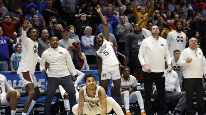 Mar 14, 2023; Dayton, OH, USA; Mississippi State Bulldogs guard Shakeel Moore (3) reacts after a play in the second half against the Pittsburgh Panthers at UD Arena. Mandatory Credit: Rick Osentoski-USA TODAY Sports