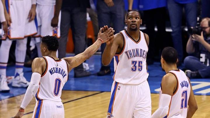 May 22, 2016; Oklahoma City, OK, USA; Oklahoma City Thunder forward Kevin Durant (35) and guard Russell Westbrook (0) and guard Andre Roberson (21) celebrate during the second quarter against the Golden State Warriors in game three of the Western conference finals of the NBA Playoffs at Chesapeake Energy Arena. Mandatory Credit: Kevin Jairaj-USA TODAY Sports May 22, 2016; Oklahoma City, OK, USA; Oklahoma City Thunder forward Kevin Durant (35) and guard Russell Westbrook (0) and guard Andre Roberson (21) celebrate during the second quarter against the Golden State Warriors in game three of the Western conference finals of the NBA Playoffs at Chesapeake Energy Arena. Mandatory Credit: Kevin Jairaj-USA TODAY Sports