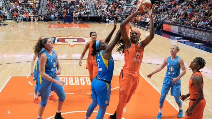 Connecticut Sun center Jonquel Jones (35) shoots during the WNBA game between the Chicago Sky and the Connecticut Sun at Mohegan Sun Arena, Uncasville, Connecticut, USA on July 30, 2019. Photo Credit: Chris Poss