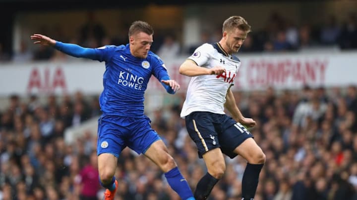 LONDON, ENGLAND - OCTOBER 29: Jamie Vardy of Leicester City (L) and Eric Dier of Tottenham Hotspur (R) battle for possession during the Premier League match between Tottenham Hotspur and Leicester City at White Hart Lane on October 29, 2016 in London, England. (Photo by Clive Rose/Getty Images)