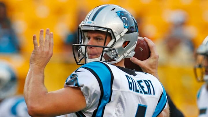PITTSBURGH, PA - AUGUST 30: Garrett Gilbert #4 of the Carolina Panthers warms up before a preseason game against the Pittsburgh Steelers on August 30, 2018 at Heinz Field in Pittsburgh, Pennsylvania. (Photo by Justin K. Aller/Getty Images)