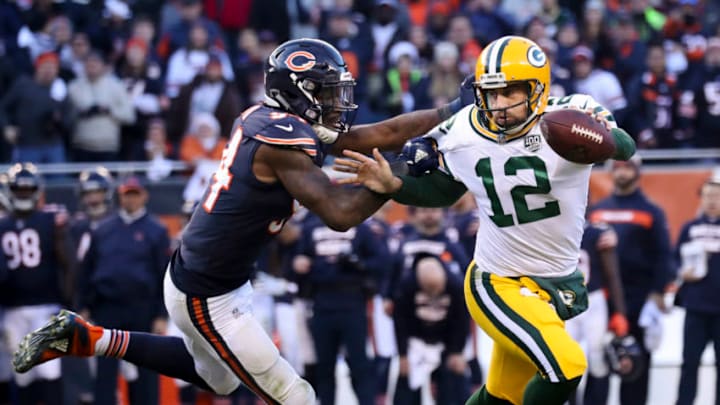 Chicago Bears outside linebacker Leonard Floyd (94) sacks Green Bay Packers quarterback Aaron Rodgers (12) near the end of the second half on Sunday, Dec. 16, 2018 at Soldier Field in Chicago. (Armando L. Sanchez/Chicago Tribune/Tribune News Service via Getty Images)