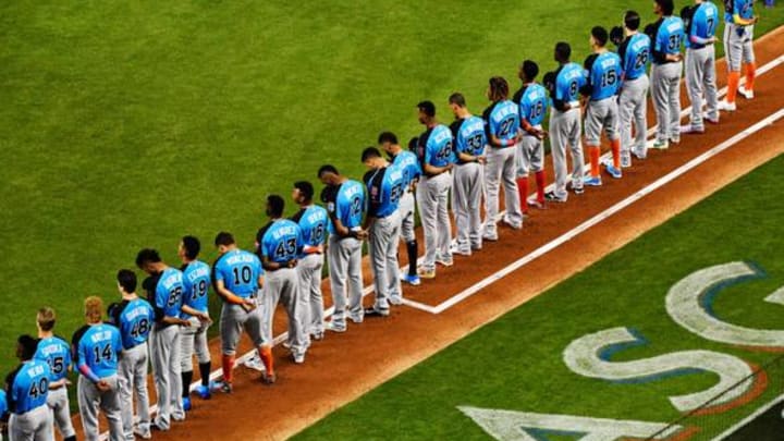 MIAMI, FL – JULY 09: The World Team stands for the National Anthem prior to the SiriusXM All-Star Futures Game against the U.S. Team at Marlins Park on July 9, 2017 in Miami, Florida. (Photo by Mark Brown/Getty Images)