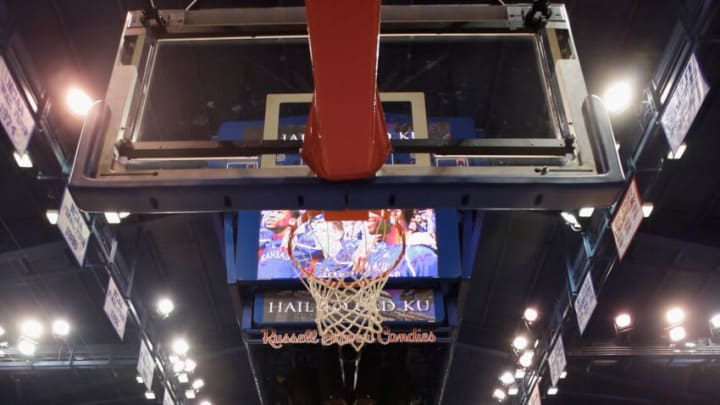 LAWRENCE, KS - MARCH 02: Kansas Jayhawk cheerleaders perform prior to the start of the game between the Kansas Jayhawks and the Texas A&M Aggies on March 2, 2011 at Allen Fieldhouse in Lawrence, Kansas. (Photo by Jamie Squire/Getty Images)