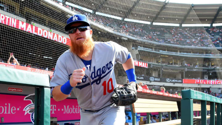 ANAHEIM, CA - JULY 08: Justin Turner #10 of the Los Angeles Dodgers runs on the field for the first inning of the game against the Los Angeles Angels of Anaheim at Angel Stadium on July 8, 2018 in Anaheim, California. (Photo by Jayne Kamin-Oncea/Getty Images)