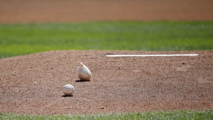 LAKE BUENA VISTA, FL - MARCH 23: General view of a baseball and rosin bag on the pitcher's mound prior to a Grapefruit League spring training game between the Atlanta Braves and Detroit Tigers at Champion Stadium on March 23, 2018 in Lake Buena Vista, Florida. The Tigers won 11-3. (Photo by Joe Robbins/Getty Images) *** Local Caption ***