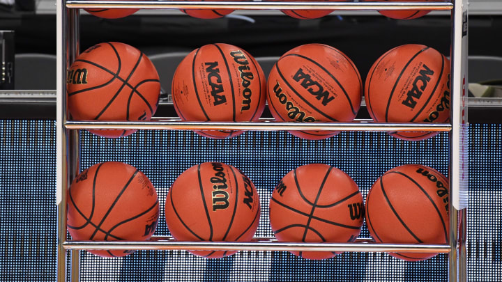 Mar 16, 2017; Sacramento, CA, USA; NCAA basketballs sit in a rack during practice the day before the first round of the 2017 NCAA Tournament at Golden 1 Center. Mandatory Credit: Kyle Terada-USA TODAY Sports
