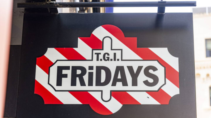 LONDON, UNITED KINGDOM - 2020/05/27: TGI Fridays logo and slogan on their restaurant in Leicester Square. (Photo by Dave Rushen/SOPA Images/LightRocket via Getty Images)