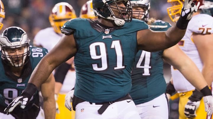 Dec 26, 2015; Philadelphia, PA, USA; Philadelphia Eagles defensive end Fletcher Cox (91) reacts after a sack against the Washington Redskins at Lincoln Financial Field. The Redskins won 38-24. Mandatory Credit: Bill Streicher-USA TODAY Sports