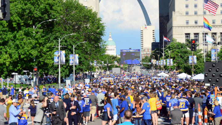 ST. LOUIS, MO - JUN 09: A view of the large crowd packing downtown St. Louis to watch the game on giant screens during Game 6 of the Stanley Cup Final between the Boston Bruins and the St. Louis Blues, on June 09, 2019, at Enterprise Center, St. Louis, Mo. (Photo by Keith Gillett/Icon Sportswire via Getty Images)