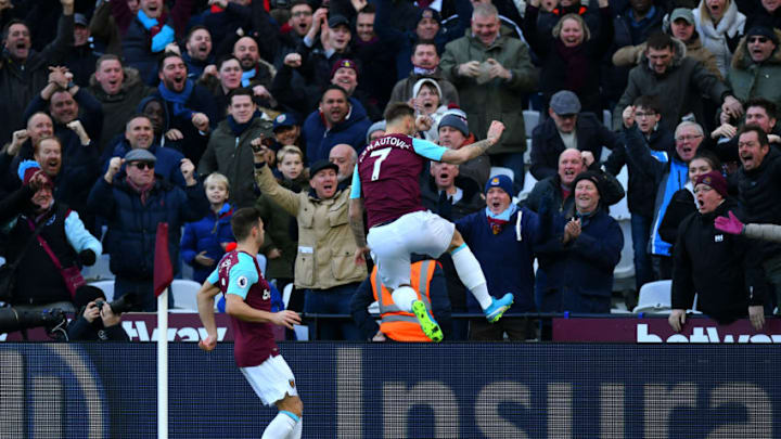 LONDON, ENGLAND - DECEMBER 09: Marko Arnautovic of West Ham United celebrates after scoring his sides first goal during the Premier League match between West Ham United and Chelsea at London Stadium on December 9, 2017 in London, England. (Photo by Dan Mullan/Getty Images)