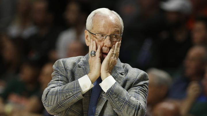 MIAMI, FLORIDA – JANUARY 19: Head coach Roy Williams of the North Carolina Tar Heels reacts against the Miami Hurricanes during the second half at Watsco Center on January 19, 2019 in Miami, Florida. (Photo by Michael Reaves/Getty Images)