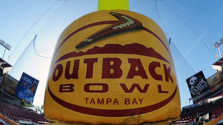 TAMPA, FL - JANUARY 1: A goalpost displays the game logo before the Michigan Wolverines play against the South Carolina Gamecocks in the Outback Bowl January 1, 2013 at Raymond James Stadium in Tampa, Florida. (Photo by Al Messerschmidt/Getty Images)