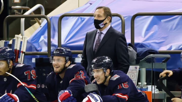 Assistant coach Jacques Martin of the New York Rangers works the game against the Washington Capitals . (Photo by Bruce Bennett/Getty Images)