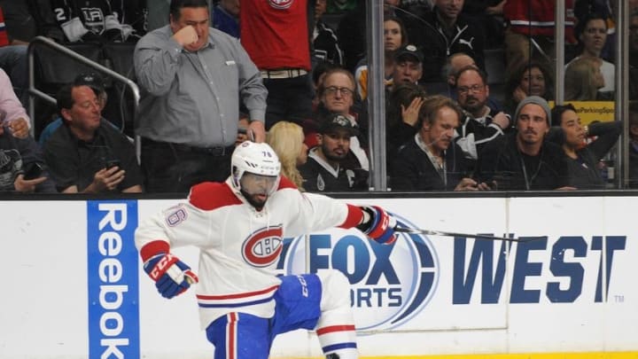 March 3, 2016; Los Angeles, CA, USA; Montreal Canadiens defenseman P.K. Subban (76) celebrates after scoring a goal against Los Angeles Kings during the first period at Staples Center. Mandatory Credit: Gary A. Vasquez-USA TODAY Sports