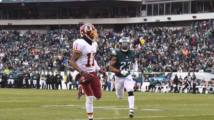 Dec 11, 2016; Philadelphia, PA, USA; Washington Redskins wide receiver DeSean Jackson (11) carries the ball for a touchdown as Philadelphia Eagles safety Rodney McLeod (23) defends in the third quarter at Lincoln Financial Field. Washington defeated Philadelphia 27-22. Mandatory Credit: James Lang-USA TODAY Sports