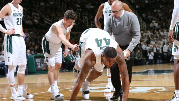 EAST LANSING, MI – NOVEMBER 14: Nick Ward #44 of the Michigan State Spartans reacts after injuring his ankle during the first half the first half at Breslin Center on November 14, 2018 in East Lansing, Michigan. (Photo by Rey Del Rio/Getty Images)