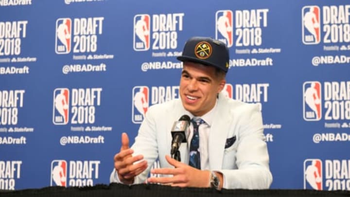 BROOKLYN, NY – JUNE 21: Michael Porter Jr. speaks to the media after being selected fourteenth overall by the Denver Nuggets at the 2018 NBA Draft on June 21, 2018 at the Barclays Center in Brooklyn, New York. NOTE TO USER: User expressly acknowledges and agrees that, by downloading and/or using this photograph, user is consenting to the terms and conditions of the Getty Images License Agreement. Mandatory Copyright Notice: Copyright 2018 NBAE (Photo by Kostas Lymperopoulos/NBAE via Getty Images)