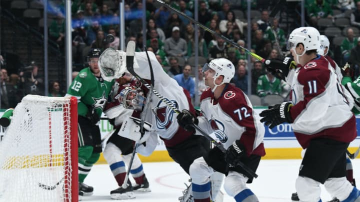 DALLAS, TX - NOVEMBER 5: Philipp Grubauer #31 of the Colorado Avalanche tries to make a save against the Dallas Stars at the American Airlines Center on November 5, 2019 in Dallas, Texas. (Photo by Glenn James/NHLI via Getty Images)