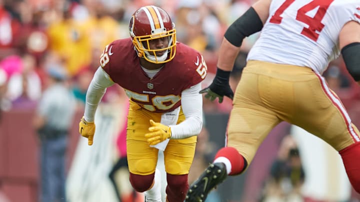 LANDOVER, MD - OCTOBER 15: Washington Redskins defensive end Junior Galette (58) runs in action during a NFL football game between the San Francisco 49ers and the Washington Redskins on October 15, 2017, at FedExField in Landover, Maryland. (Photo by Robin Alam/Icon Sportswire via Getty Images)