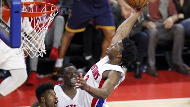 Apr 24, 2016; Auburn Hills, MI, USA; Detroit Pistons forward Stanley Johnson (3) gets a rebound over Cleveland Cavaliers guard Iman Shumpert (4) during the fourth quarter in game four of the first round of the NBA Playoffs at The Palace of Auburn Hills. Cavs win 100-98. Mandatory Credit: Raj Mehta-USA TODAY Sports