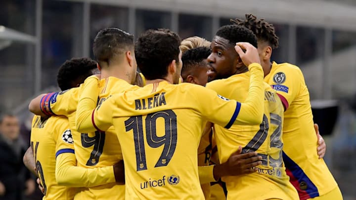 MILAN, ITALY - DECEMBER 10: (L-R) Moussa Wague of FC Barcelona, Luis Suarez of FC Barcelona, Carles Alena of FC Barcelona, Samuel Umtiti of FC Barcelona, Jean Clair Todibo of FC Barcelona celebrate 1-2 during the UEFA Champions League match between Internazionale v FC Barcelona at the San Siro on December 10, 2019 in Milan Italy (Photo by Mattia Ozbot/Soccrates/Getty Images)