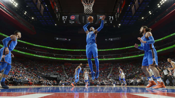 DETROIT, MI – JANUARY 27: Carmelo Anthony #7 of the Oklahoma City Thunder dunks against the Detroit Pistons on January 27, 2018 at Little Caesars Arena in Detroit, Michigan. NOTE TO USER: User expressly acknowledges and agrees that, by downloading and/or using this photograph, User is consenting to the terms and conditions of the Getty Images License Agreement. Mandatory Copyright Notice: Copyright 2018 NBAE (Photo by Chris Schwegler/NBAE via Getty Images)
