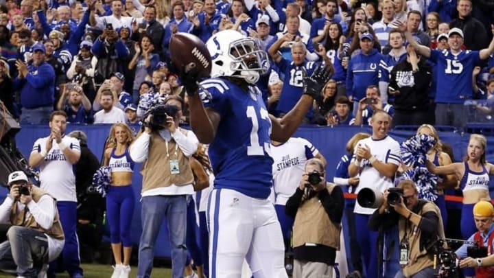 Nov 29, 2015; Indianapolis, IN, USA; Indianapolis Colts wide receiver T.Y. Hilton (13) reacts to scoring a touchdown against the Tampa Bay Buccaneers at Lucas Oil Stadium. Indianapolis defeats Tampa Bay 25-12. Mandatory Credit: Brian Spurlock-USA TODAY Sports