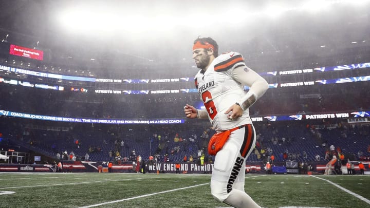 FOXBOROUGH, MASSACHUSETTS – OCTOBER 27: Baker Mayfield #6 of the Cleveland Browns leaves the field after the game against the New England Patriots at Gillette Stadium on October 27, 2019 in Foxborough, Massachusetts. (Photo by Omar Rawlings/Getty Images)