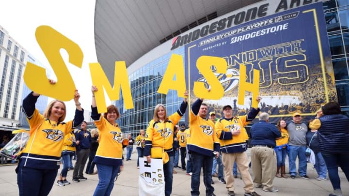 General view as fans hold signs outside Bridgestone Arena before the Nashville Predators game against the Dallas Stars in game two of the first round of the 2019 Stanley Cup Playoffs at Bridgestone Arena. Mandatory Credit: Christopher Hanewinckel-USA TODAY Sports