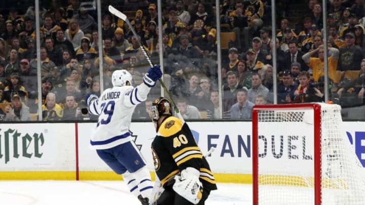 BOSTON, MA - APRIL 11: Toronto Maple Leafs right wing William Nylander (29) reacts to his goal during Game 1 of the First Round between the Boston Bruins and the Toronto Maple Leafs on April 11, 2019, at TD Garden in Boston, Massachusetts. (Photo by Fred Kfoury III/Icon Sportswire via Getty Images)