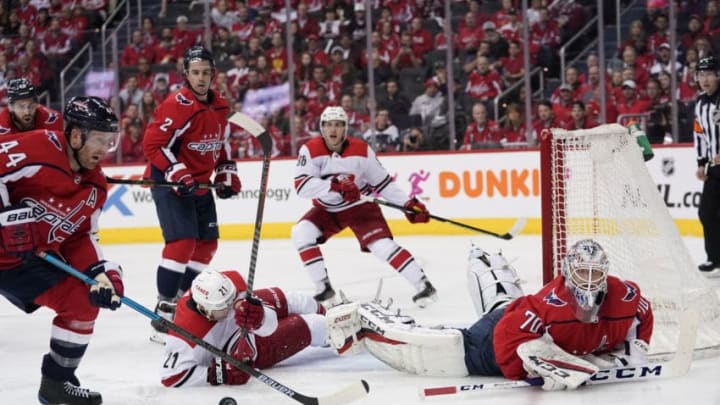 WASHINGTON, DC - APRIL 11: Braden Holtby #70 of the Washington Capitals follows the puck against the Carolina Hurricanes in the second period in Game One of the Eastern Conference First Round during the 2019 NHL Stanley Cup Playoffs at Capital One Arena on April 11, 2019 in Washington, DC. (Photo by Patrick McDermott/NHLI via Getty Images)