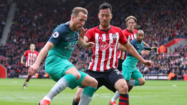 SOUTHAMPTON, ENGLAND – MARCH 09: Harry Kane of Tottenham Hotspur is challenged by Maya Yoshida of Southampton during the Premier League match between Southampton FC and Tottenham Hotspur at St Mary’s Stadium on March 09, 2019 in Southampton, United Kingdom. (Photo by Catherine Ivill/Getty Images)