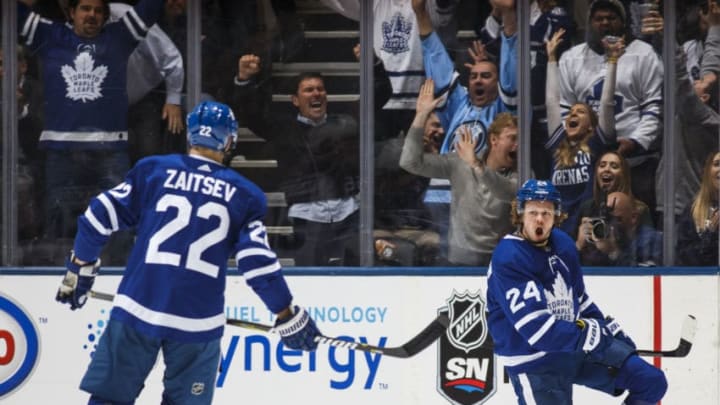 TORONTO, ON - OCTOBER 27:Kasperi Kapanen #24 of the Toronto Maple Leafs celebrates his goal with teammate Nikita Zaitsev #22 during the third period against the Winnipeg Jets at the Scotiabank Arena on October 27, 2018 in Toronto, Ontario, Canada. (Photo by Kevin Sousa/NHLI via Getty Images)