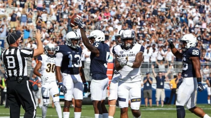Sep 3, 2016; University Park, PA, USA; Penn State Nittany Lions wide receiver DaeSean Hamilton (5) celebrates after scoring a touchdown during the first quarter against the Kent State Golden Flashes at Beaver Stadium. Mandatory Credit: Matthew O Sep 3, 2016; University Park, PA, USA; Penn State Nittany Lions wide receiver DaeSean Hamilton (5) celebrates after scoring a touchdown during the first quarter against the Kent State Golden Flashes at Beaver Stadium. Mandatory Credit: Matthew O