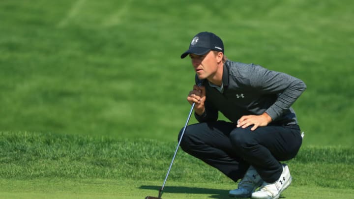 FARMINGDALE, NEW YORK - MAY 17: Jordan Spieth of the United States lines up a putt on the 16th green during the second round of the 2019 PGA Championship at the Bethpage Black course on May 17, 2019 in Farmingdale, New York. (Photo by Mike Ehrmann/Getty Images)