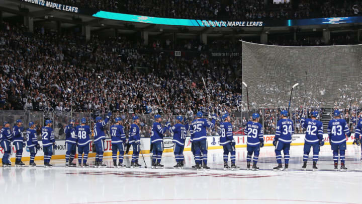 TORONTO, ON - OCTOBER 7: The Toronto Maple Leafs salute the crowd prior to playing against the New York Rangers in an NHL game at the Air Canada Centre on October 7, 2017 in Toronto, Ontario. The Maple Leafs defeated the Rangers 8-5. (Photo by Claus Andersen/Getty Images) *** Local Caption ***