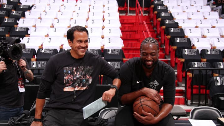 Erik Spoelstra of the Miami Heat and Dwyane Wade #3 of the Miami Heat seen prior to the game against the Philadelphia 76ers (Photo by Issac Baldizon/NBAE via Getty Images)