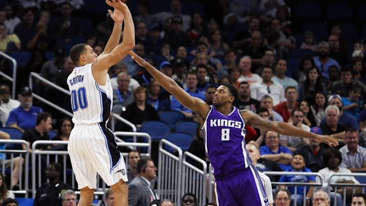 Nov 3, 2016; Orlando, FL, USA; Orlando Magic forward Aaron Gordon (00) takes a shot in the second quarter as Sacramento Kings forward Rudy Gay (8) defends at Amway Center. Mandatory Credit: Logan Bowles-USA TODAY Sports